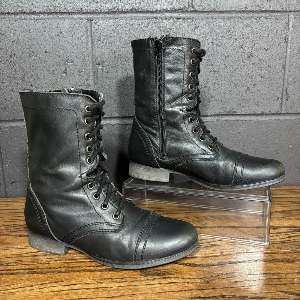 Steve Madden Troopa Combat Biker Boots Black Lace Up Side Zip Womens 6